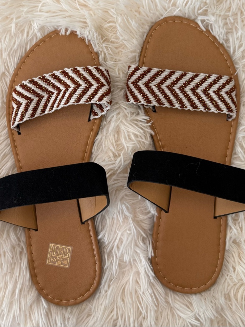 Women’s Two-Band Slide Sandals in Tan, Black & Brown Pattern 9 WIDE
